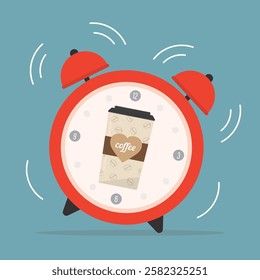 Coffee to go, red alarm clock jumping, notification. Coffee and break time, timeout. Coffee cup in giant stopwatch. flat vector illustration