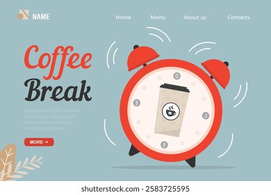 Coffee to go, red alarm clock jumping, notification. Coffee and break time, timeout, landing page template. Coffee cup in giant stopwatch. flat vector illustration