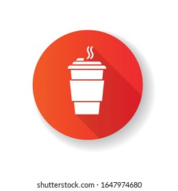 Coffee to go red flat design long shadow glyph icon. Caffeine drink in plastic cup. Hot beverage, tea disposable paper mug with lid. Takeout cappuccino, latte. Silhouette RGB color illustration