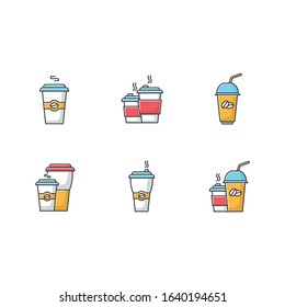 Coffee to go RGB color icons set. Disposable plastic cups with caffeine drinks. Take out cold and hot beverages. Latte, cappuccino mugs. Isolated vector illustrations