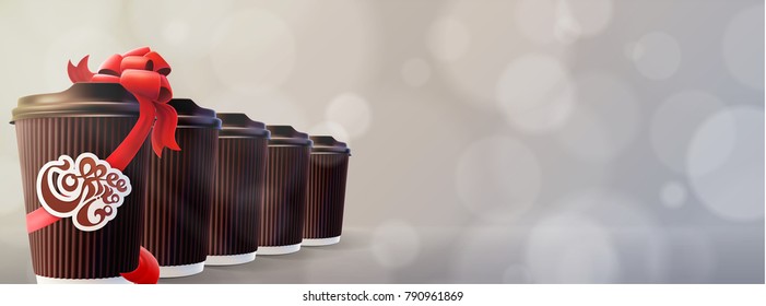 Coffee to Go. Ripple Cups with Gift Cup. Bokeh Gray Background