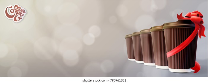 Coffee to Go. Ripple Cups with Gift Cup. Bokeh Gray Background