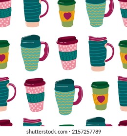 Coffee go seamless pattern. Thermo cup take away coffee. Coffee to go. Tumblers with cap, handle straw. Reusable cups mug. Vector thermos illustrations isolated on white background. Cartoon style. 