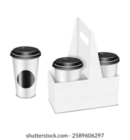 Coffee to go set. 3d mockup. Takeaway paper coffee cups and paperboard takeout drink holder carrier with cut out handle. Realistic vector mock-up. Template for design