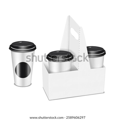 Coffee to go set. 3d mockup. Takeaway paper coffee cups and paperboard takeout drink holder carrier with cut out handle. Realistic vector mock-up. Template for design