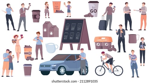 Coffee to go set with good coffee symbols flat isolated vector illustration