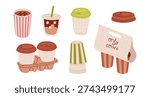 Coffee to go set. Takeaway coffee in various cups. Iced coffee with a straw. Coffee cups in takeaway packaging. Flat vector illustration isolated on white background.