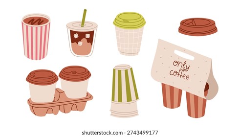 Coffee to go set. Takeaway coffee in various cups. Iced coffee with a straw. Coffee cups in takeaway packaging. Flat vector illustration isolated on white background.