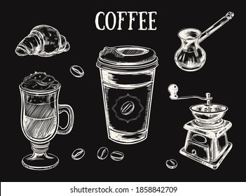 Coffee and Coffee to go set. Vector hand drawn illustrations. 