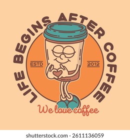 Coffee to go shop promo banner flyer signboard logo template. Retro coffe to go mascot