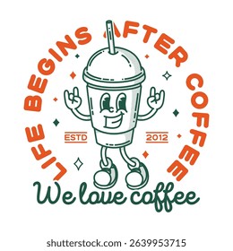Coffee to go shop promo banner flyer signboard logo template. Retro coffe to go mascot