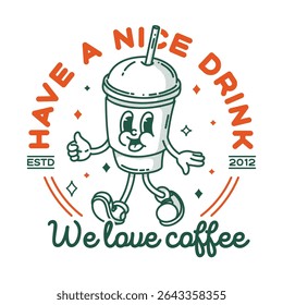 Coffee to go shop promo banner flyer signboard logo template. Retro coffe to go mascot