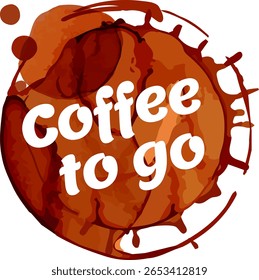 Coffee to go sign with brown splash background representing a coffee mug stain is perfect for cafe menu, coffee shop advertising, or any coffee related design