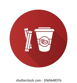 Coffee to go with sugar sachets flat design long shadow glyph icon. Disposable coffee cup with lid. Vector silhouette illustration