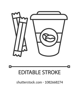 Coffee to go with sugar sachets linear icon. Thin line illustration. Disposable coffee cup with lid. Contour symbol. Vector isolated outline illustration. Editable stroke