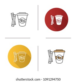 Coffee to go with sugar sachetsicon. Disposable coffee cup with lid. Flat design, linear and color styles. Isolated vector illustrations