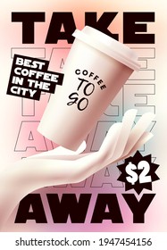 Coffee to go or take away banner or poster or flyer design template for coffee shop or coffee house or cafe. Modern minimalistic vector illustration