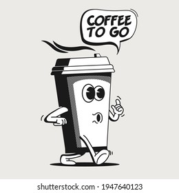 Coffee to go or take away concept with vintage walking cartoon paper coffee cup character isolated on white background for coffee shop or cafe. Vector illustration