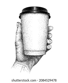 Coffee To Go. Takeaway. Takeout. Paper Cup With Lid In Human Hand. Hand-drawn Sketch In Vintage Pointillism Style. Hand Holds Mug With Hot Beverage.