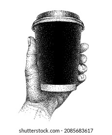 Coffee To Go. Takeaway. Takeout. Paper Cup With Lid In Human Hand. Hand-drawn Sketch In Vintage Pointillism Style. Hand Holds Mug With Hot Beverage.