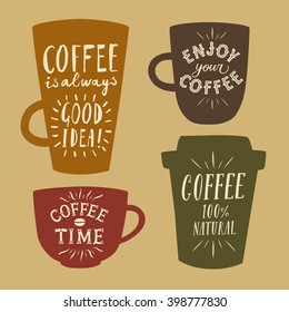 Coffee to go textured cartoon illustrations set with hand drawn lettering on different cups. Vintage colors coffee illustrations for your design.