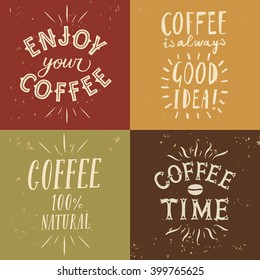 Coffee to go textured set with hand drawn lettering. Vintage coffee illustrations for your design.