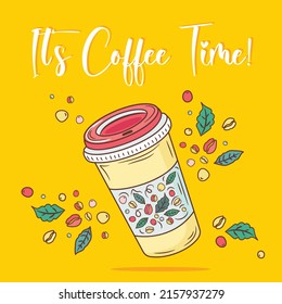 Coffee to go. Thermo cup for take away coffee. Tumblers with cap, handle and straw. Reusable cups and thermo mug. Vector thermos illustrations isolated on white background. Cartoon style.