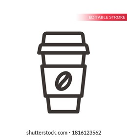 Coffee to go go thin line vector icon. Símbolo sencillo de la taza de papel para café con grano de café, trazo editable.