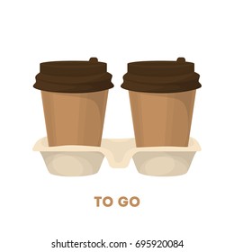 Coffee to go. Two cardboard takeaway cups with fresh hot coffee.