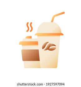 Coffee to go vector flat color icon. Coffeeshop menu for take away. Disposable cups for take out. Iced americano, hot tea. Cartoon style clip art for mobile app. Isolated RGB illustration