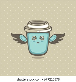 Coffee to go vector illustration. Cute cup with wings.