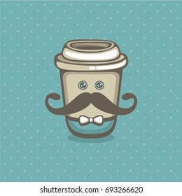 Coffee to go vector illustration. Cute cup with mustache. Design for menu and coffee logo.