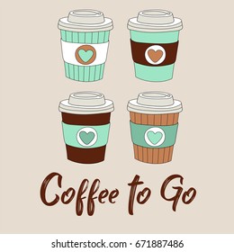 Coffee to go vector illustration with hand drawn coffee cups