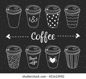 Coffee to go vector set. Cups with coffee take away illustrations. Doodle coffee cups