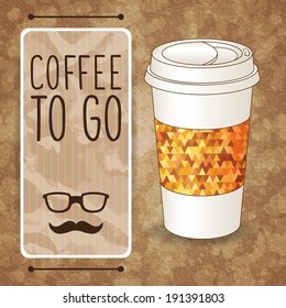 Coffee to go. Vertical banner with coffee cup. Vector background.