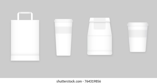 Coffee to go white blank mockups isolated on gray background, vector illustration. Small and big cappuccino cups, paper bags with place for logo. Graphic design elements for coffee shop.