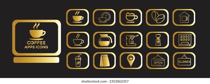 Coffee  golden gradient apps icon set. Containing latte, coffee bean, cappuccino, espresso, coffee shop, sugar and caffeine. Solid black golden gradient  icon collection.