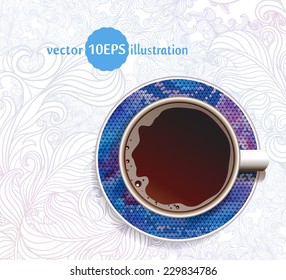Coffee. Good Morning. Realistic white cup of coffee. Ã?Â??offee with geometric ornament and hand drawn ornate background. Vector illustration 10 EPS