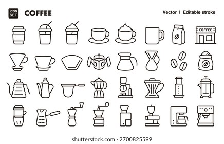Coffee and coffee goods line icon set. Vector editable stroke icon.