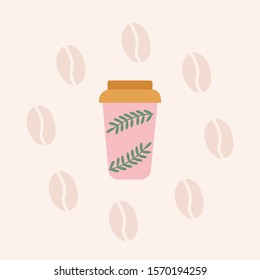 Coffee to go.Pink cup, light background.Coffee Bean Frame