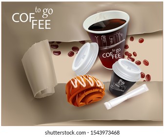 Coffee to go.Realistic Paper Cup with coffee, plastic lid.Bag of sugar.Fast food in a disposable Cup. 3d Torn Realistic Vector Paper.Ripped paper.Damaged, torn packaging.Pastry. Poppy seed bun.