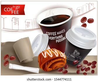 Coffee to go.Realistic Paper Cup with coffee, plastic lid.Fast food in a disposable Cup.Pastry. Poppy seed bun. Bag of sugar.3d Torn Realistic Vector Paper.Ripped paper.Damaged, torn packaging.
