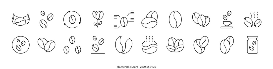 Coffee Grain Outline Web Line Icons Collection. Editable Stroke. Minimalistic Linear Pictogram for Design of Cards, Apps, Banners, Posts 