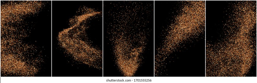 Coffee grain particle texture with brown powder explosion splash. Scattered spray dust collection set isolated on black background. Roasted bean vector illustration realistic element