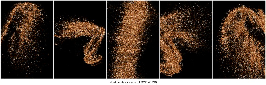 Conjunto de textura de grano de color café aislada en fondo negro. Chocolate Shades Confetti. Partículas marrones. Imagen Generada Digitalmente. Ilustración vectorial, EPS 10.