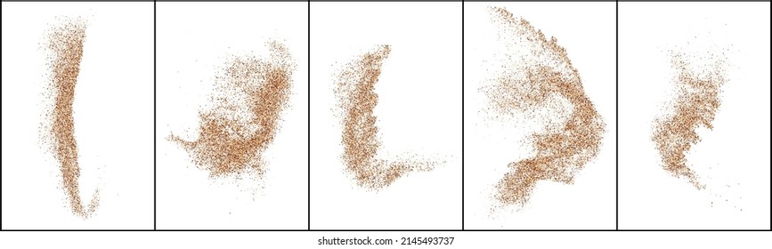 Coffee grain texture set collection brown beige powder dust particle splash scattered spray isolated on white background. Natural organic ingredient ground espresso. Realistic detail vector illustration