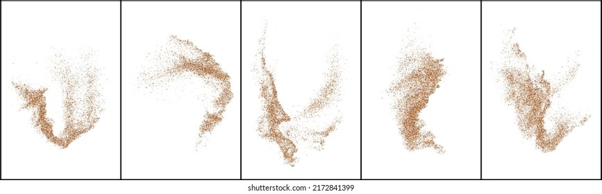 Set von Coffee Color Grain Textur einzeln auf weißem Hintergrund. Schokoladenhaube Confetti. braune Partikel. Digitales Bild. Vektorgrafik, EPS10.