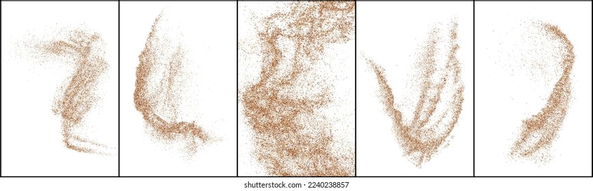 Coffee grain texture set collection brown beige powder dust particle splash scattered spray isolated on white background. Natural organic ingredient ground espresso. Realistic detail vector illustration