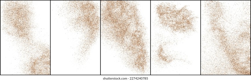 Coffee grain texture set collection brown beige powder dust particle splash scattered spray isolated on white background. Natural organic ingredient ground espresso. Realistic detail vector illustration