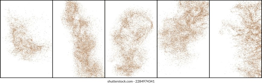 Coffee grain texture set collection brown beige powder dust particle splash scattered spray isolated on white background. Natural organic ingredient ground espresso. Realistic detail vector illustration